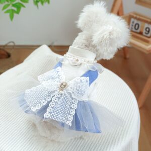 Stylish Attire for Dogs and Cats, Adorable Princess Dress Featuring Pearl Accents and Denim Skirt for the All Seasons.